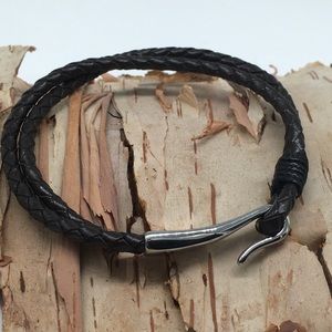 Men’s / Unisex Dark Brown Double Woven Leather Bracelet with Hook Clasp